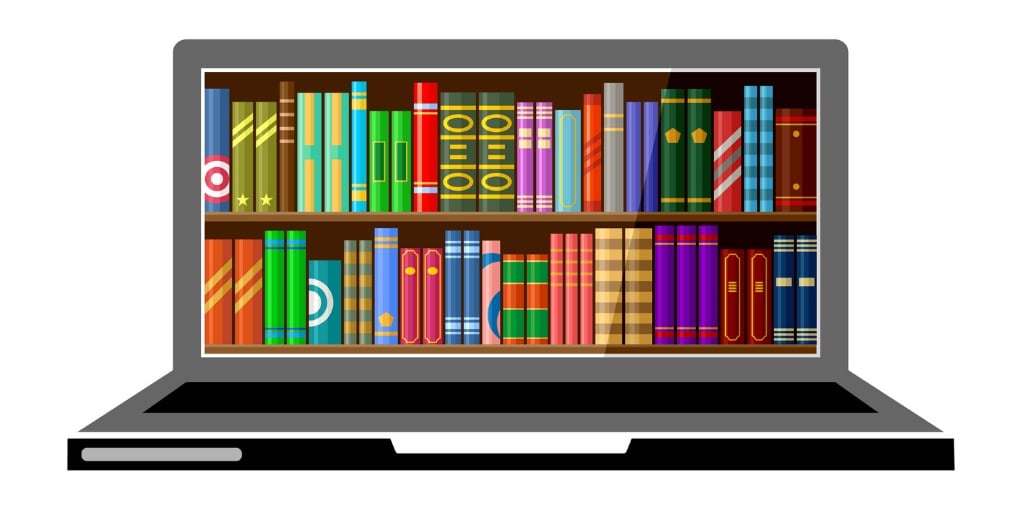 laptop-with-digital-books-online-education-concept-library-vector-id860783634